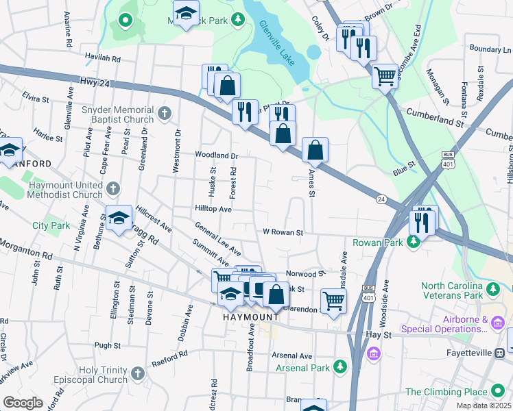 map of restaurants, bars, coffee shops, grocery stores, and more near 502 Oakridge Avenue in Fayetteville