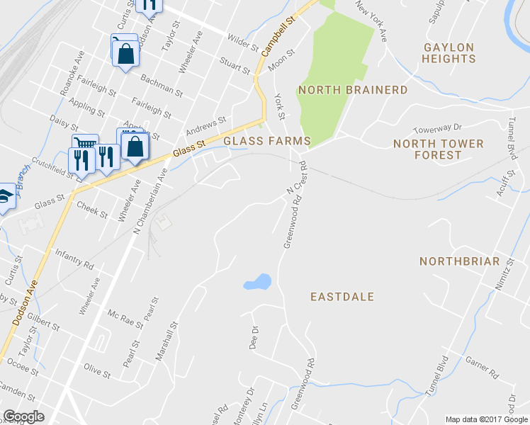 map of restaurants, bars, coffee shops, grocery stores, and more near 614 North Crest Road in Chattanooga