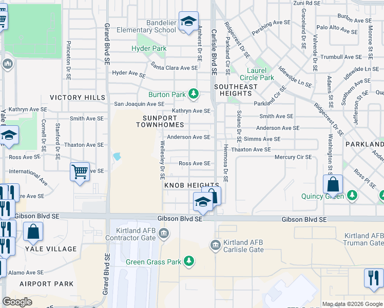 map of restaurants, bars, coffee shops, grocery stores, and more near 3502 Thaxton Avenue Southeast in Albuquerque