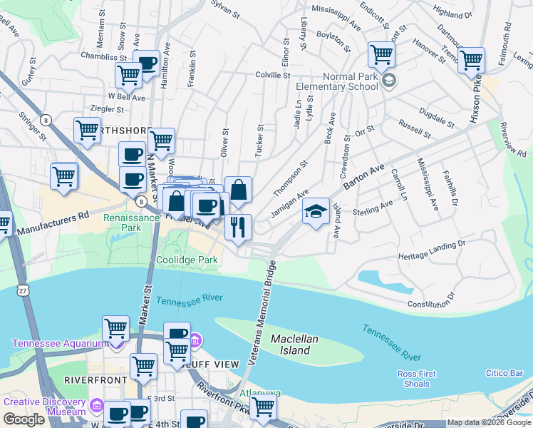 map of restaurants, bars, coffee shops, grocery stores, and more near 203 Jarnigan Avenue in Chattanooga