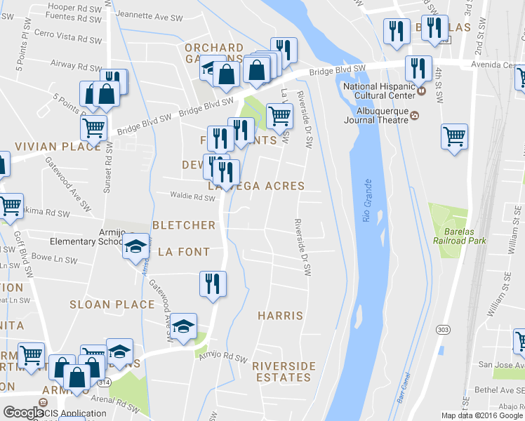 map of restaurants, bars, coffee shops, grocery stores, and more near 425 La Vega Drive Southwest in Albuquerque