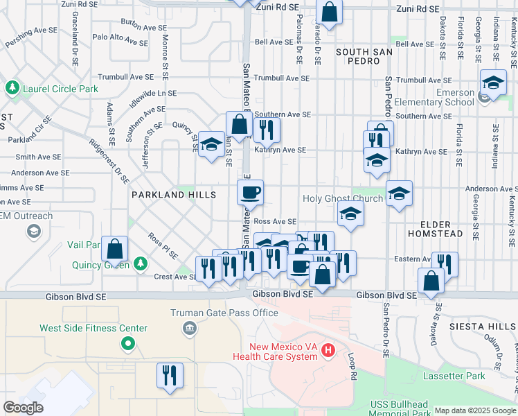 map of restaurants, bars, coffee shops, grocery stores, and more near 1235 Ortiz Drive Southeast in Albuquerque