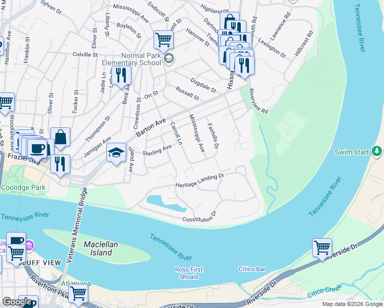 map of restaurants, bars, coffee shops, grocery stores, and more near 1605 Carroll Lane in Chattanooga