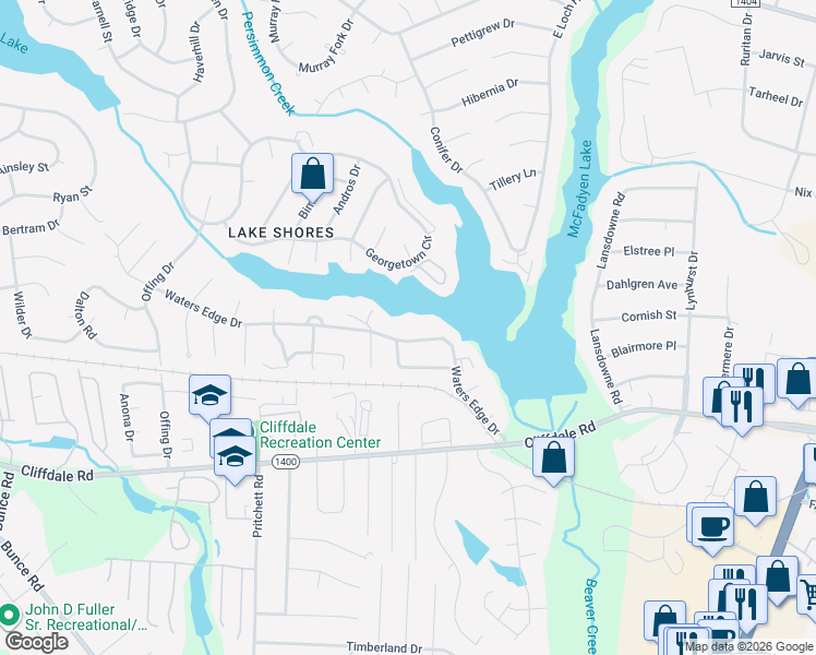 map of restaurants, bars, coffee shops, grocery stores, and more near 5740 Waters Edge Drive in Fayetteville