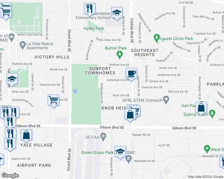 map of restaurants, bars, coffee shops, grocery stores, and more near 3426 Thaxton Avenue Southeast in Albuquerque