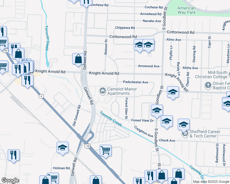 map of restaurants, bars, coffee shops, grocery stores, and more near 3151 Ashwood Street in Memphis