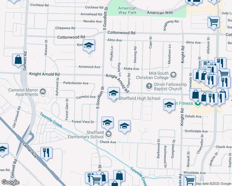 map of restaurants, bars, coffee shops, grocery stores, and more near 4315 Sheffield Avenue in Memphis