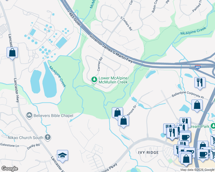 map of restaurants, bars, coffee shops, grocery stores, and more near 523 Vista Grande Circle in Charlotte
