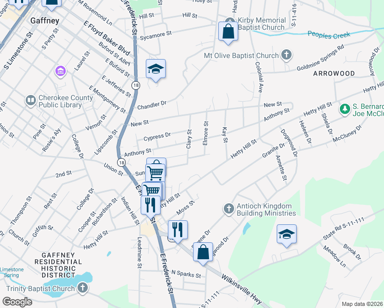map of restaurants, bars, coffee shops, grocery stores, and more near 1207 Clary Street in Gaffney