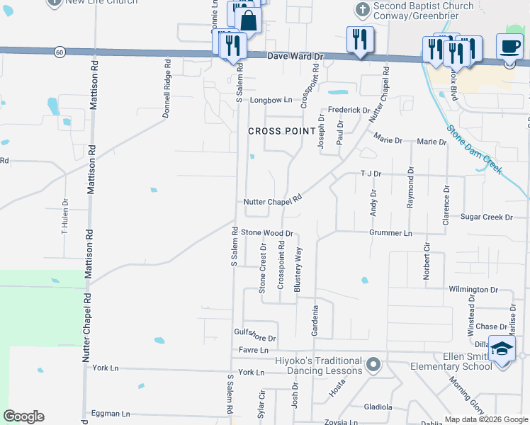 map of restaurants, bars, coffee shops, grocery stores, and more near 2785 Wineberry in Conway