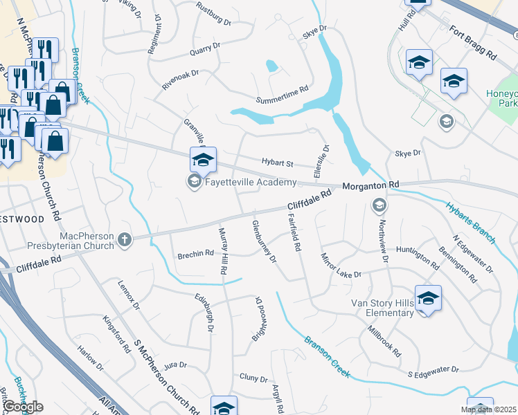 map of restaurants, bars, coffee shops, grocery stores, and more near 3102 Cliffdale Road in Fayetteville