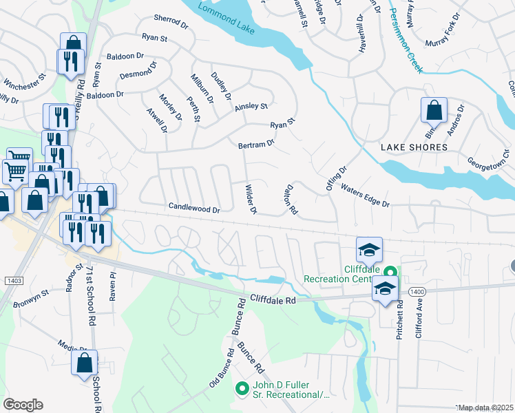 map of restaurants, bars, coffee shops, grocery stores, and more near 449 Wilder Drive in Fayetteville