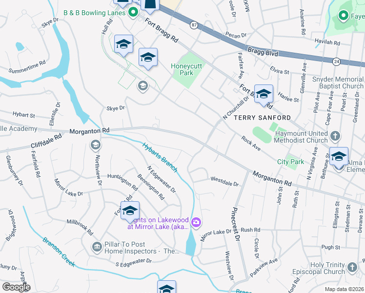 map of restaurants, bars, coffee shops, grocery stores, and more near 2500 Lockwood Rd in Fayetteville