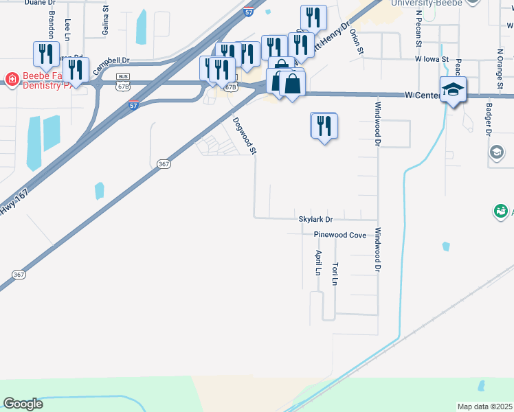 map of restaurants, bars, coffee shops, grocery stores, and more near 307 Dogwood Street in Beebe