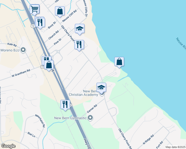 map of restaurants, bars, coffee shops, grocery stores, and more near 404 Swiss Road in New Bern