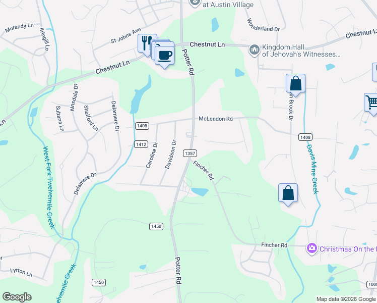 map of restaurants, bars, coffee shops, grocery stores, and more near 6031 Potter Road in Matthews
