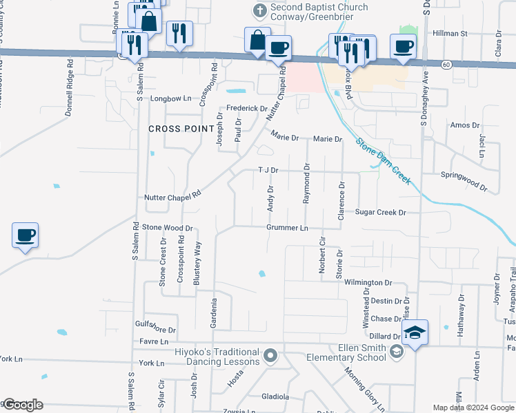 map of restaurants, bars, coffee shops, grocery stores, and more near 1310 Josita Circle in Conway