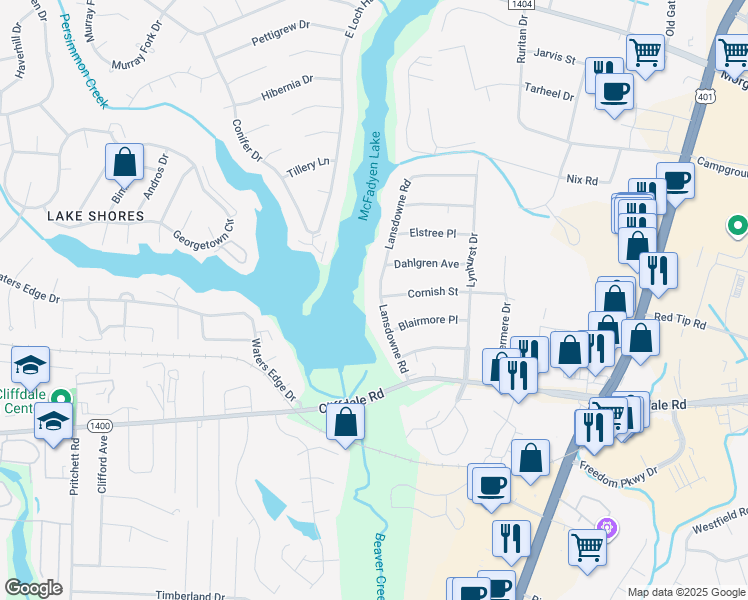 map of restaurants, bars, coffee shops, grocery stores, and more near 425 Lansdowne Road in Fayetteville