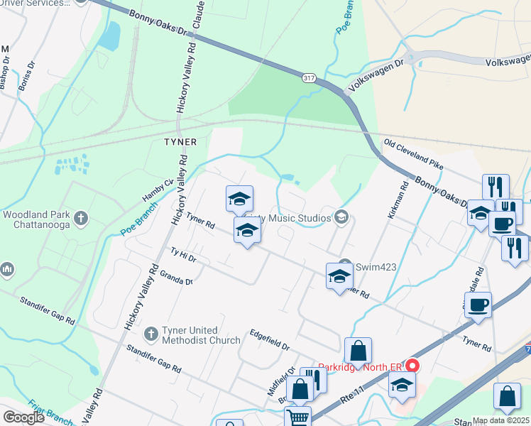 map of restaurants, bars, coffee shops, grocery stores, and more near 7117 Tyner Crossing Drive in Chattanooga