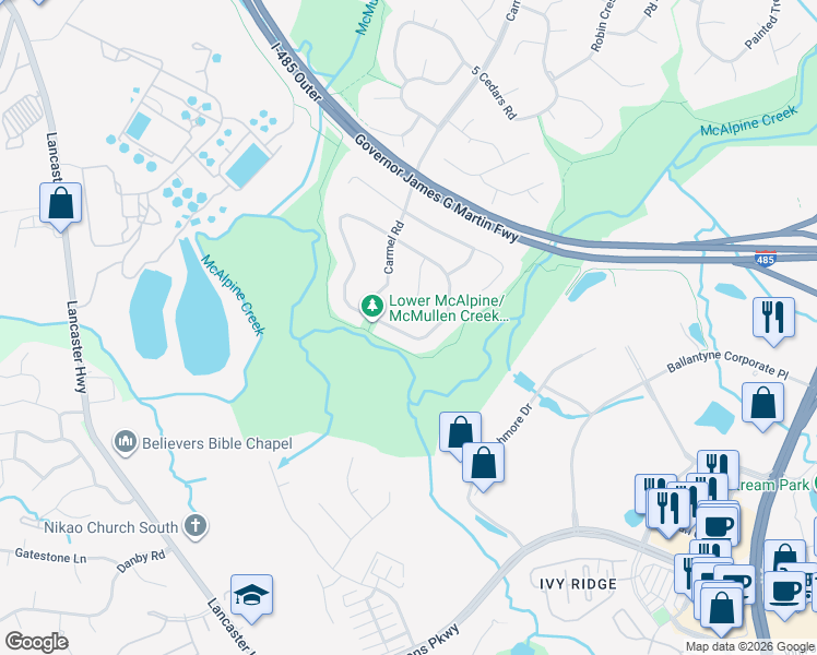 map of restaurants, bars, coffee shops, grocery stores, and more near 523 Vista Grande Circle in Charlotte