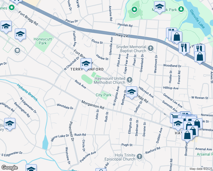 map of restaurants, bars, coffee shops, grocery stores, and more near 102 Brett Court in Fayetteville