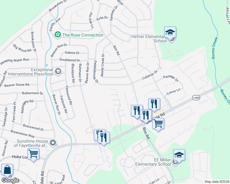 map of restaurants, bars, coffee shops, grocery stores, and more near 5107 Druid Cross Road in Fayetteville