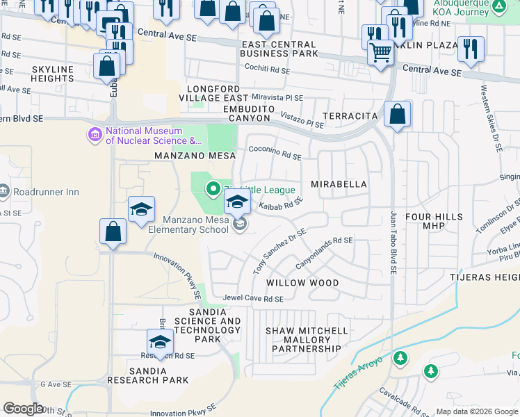 map of restaurants, bars, coffee shops, grocery stores, and more near 11008 Kaibab Road Southeast in Albuquerque