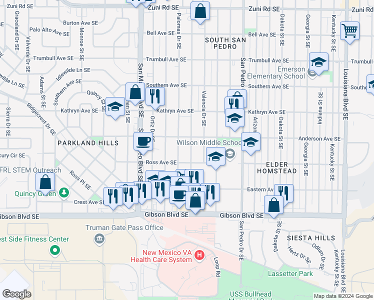 map of restaurants, bars, coffee shops, grocery stores, and more near 1029 Alvarado Drive Southeast in Albuquerque