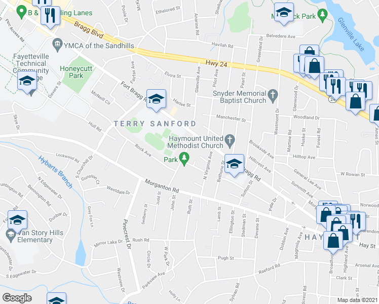 map of restaurants, bars, coffee shops, grocery stores, and more near 102 Brett Court in Fayetteville