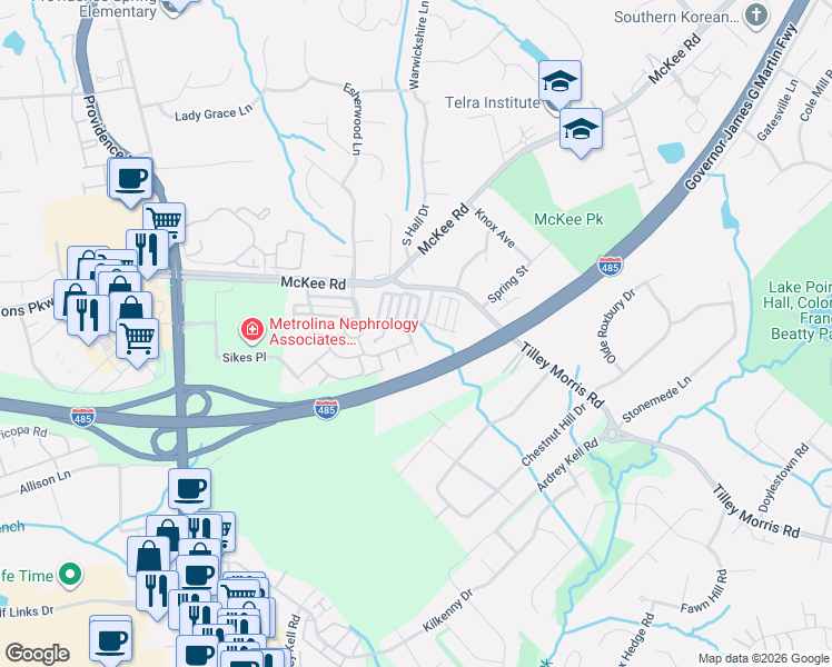 map of restaurants, bars, coffee shops, grocery stores, and more near 10450 Columbia Crest Court in Charlotte