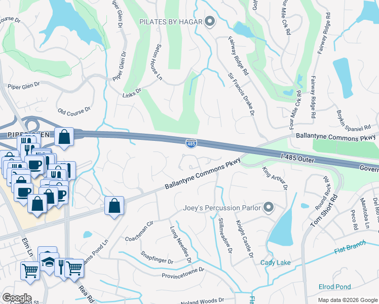 map of restaurants, bars, coffee shops, grocery stores, and more near 10520 Pullengreen Drive in Charlotte