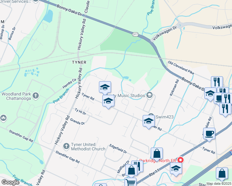 map of restaurants, bars, coffee shops, grocery stores, and more near 7117 Tyner Crossing Drive in Chattanooga