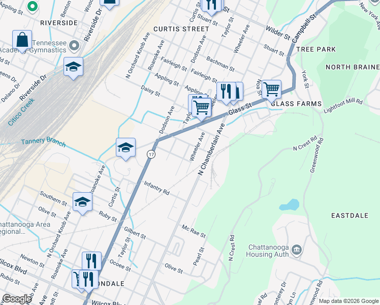 map of restaurants, bars, coffee shops, grocery stores, and more near 2200 Davenport Street in Chattanooga
