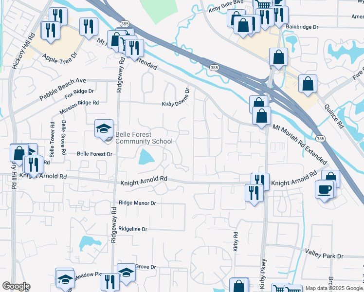 map of restaurants, bars, coffee shops, grocery stores, and more near 3165 Pecan Lake Drive in Memphis