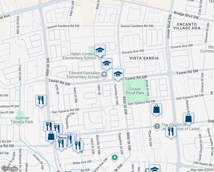 map of restaurants, bars, coffee shops, grocery stores, and more near 8808 Tunnabora Avenue Southwest in Albuquerque