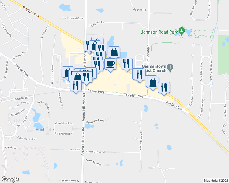 map of restaurants, bars, coffee shops, grocery stores, and more near 9224 Poplar Pike in Germantown