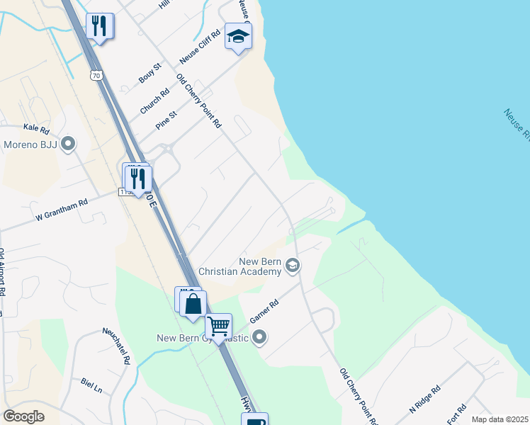 map of restaurants, bars, coffee shops, grocery stores, and more near 404 Swiss Road in New Bern