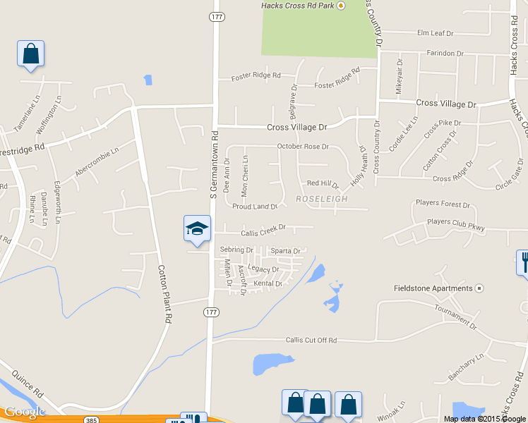 map of restaurants, bars, coffee shops, grocery stores, and more near 7605 Proud Land Drive in Memphis