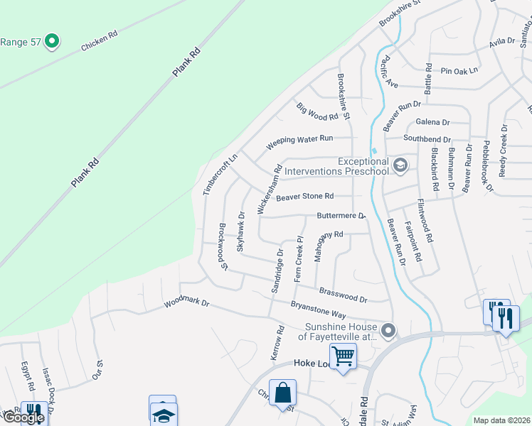 map of restaurants, bars, coffee shops, grocery stores, and more near 6927 Wickersham Road in Fayetteville