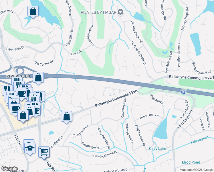 map of restaurants, bars, coffee shops, grocery stores, and more near 10520 Pullengreen Drive in Charlotte