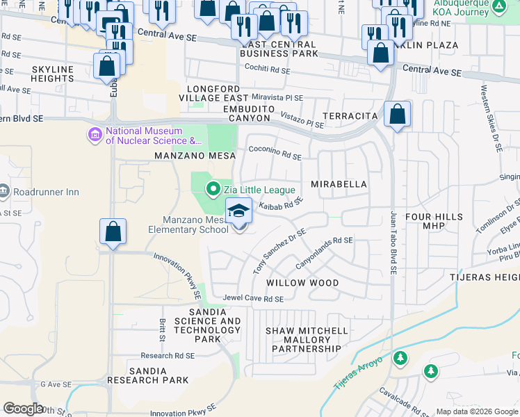 map of restaurants, bars, coffee shops, grocery stores, and more near 11008 Kaibab Road Southeast in Albuquerque