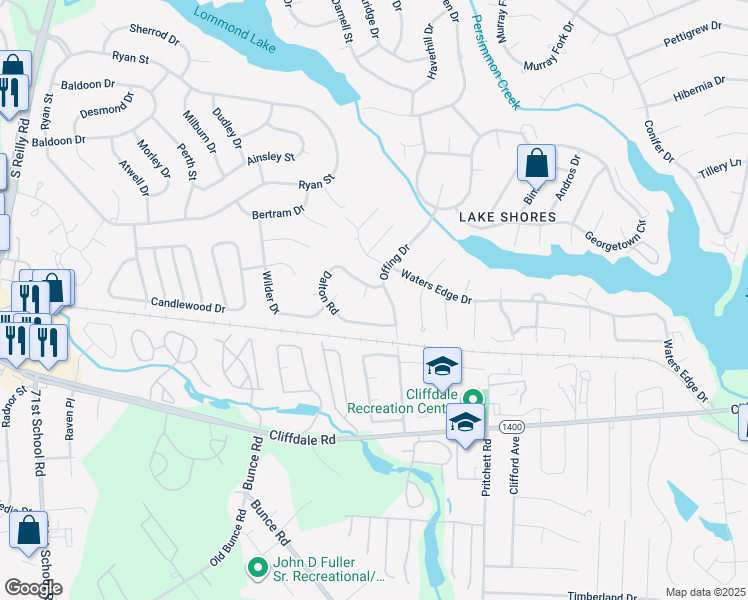 map of restaurants, bars, coffee shops, grocery stores, and more near 491 Corning Place in Fayetteville