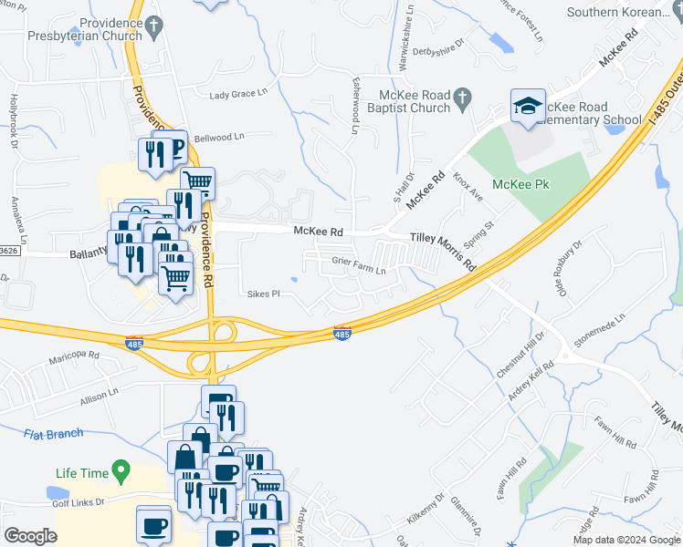 map of restaurants, bars, coffee shops, grocery stores, and more near 11061 Alderbrook Lane in Charlotte