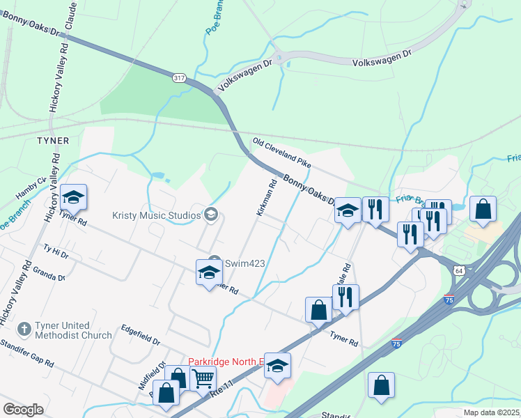 map of restaurants, bars, coffee shops, grocery stores, and more near 2907 Kirkman Road in Chattanooga
