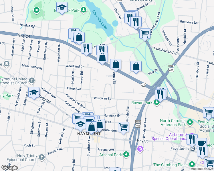 map of restaurants, bars, coffee shops, grocery stores, and more near 416 Rollingwood Circle in Fayetteville