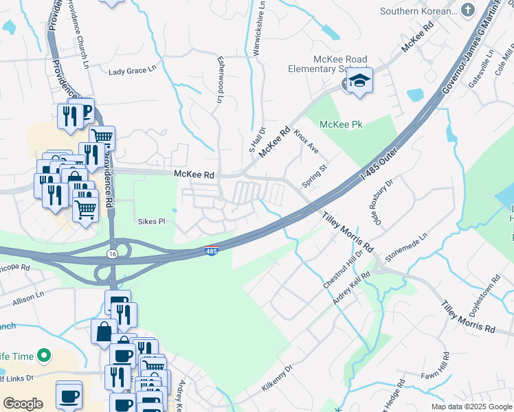 map of restaurants, bars, coffee shops, grocery stores, and more near 10409 Columbia Crest Court in Charlotte
