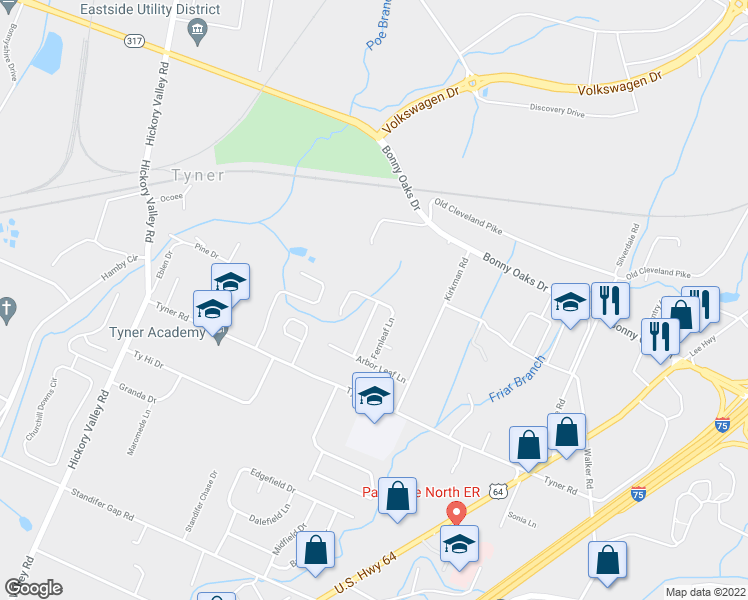 map of restaurants, bars, coffee shops, grocery stores, and more near 2911 Fernleaf Lane in Chattanooga