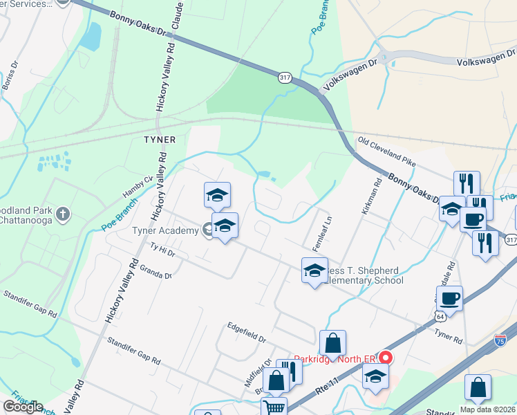 map of restaurants, bars, coffee shops, grocery stores, and more near 7126 Tyner Crossing Drive in Chattanooga