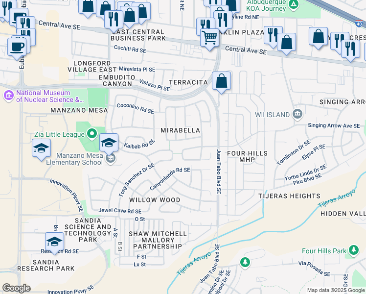 map of restaurants, bars, coffee shops, grocery stores, and more near 11504 Singing Arrow Avenue Southeast in Albuquerque