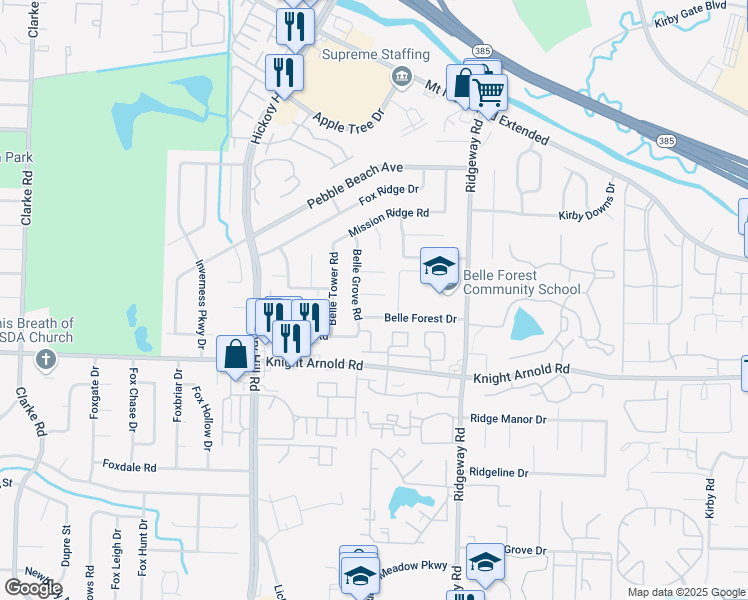 map of restaurants, bars, coffee shops, grocery stores, and more near 6071 South Belle Grove Cove in Memphis